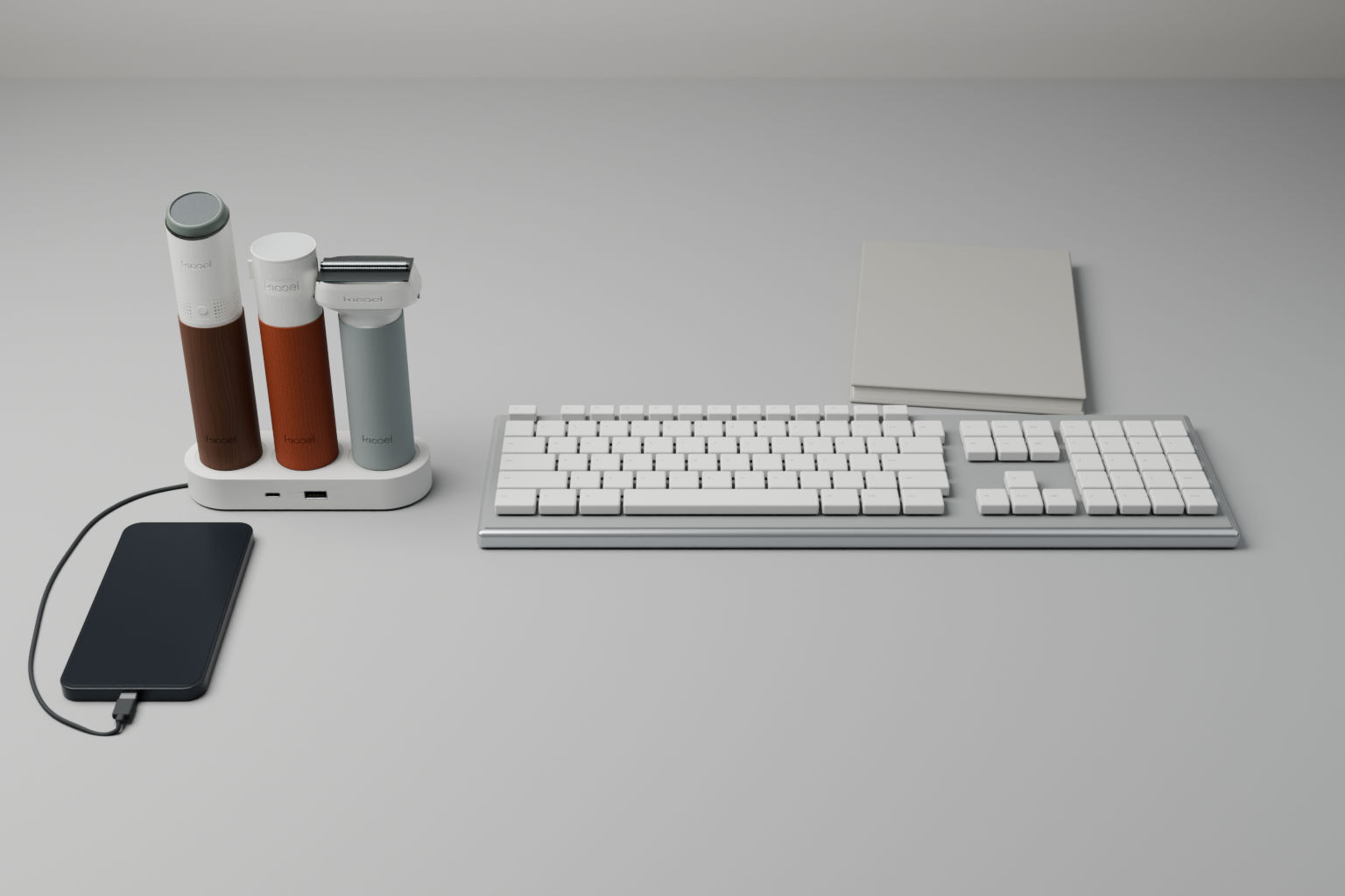 三支搭配不同外套与功能头的 Core 置于三槽底座；底座侧面有 USB-C 和 USB-A 接口，底部线缆接入手机，旁边是一把完整键盘